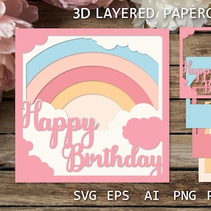Cartão de Feliz Aniversário em Camadas com arco-íris | Arte em Papel 3D | Saudação de Aniversário para Todas as Idades, modelo SVG