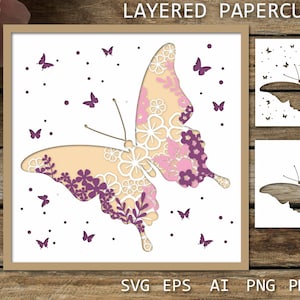 Carte papillon en couches découpées dans du papier SVG, modèle de coupe de papier 3D, boîte d'ombre de coupe de papier, modèle de coupe de papier de papillons