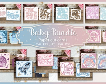 Baby Bundle of paper cut cards, Newborn baby girl or boy, Shadow box 3D paper cutting templates