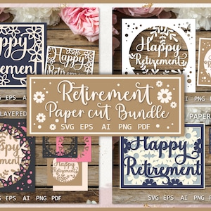 Happy Retirement Bundle, Ruhestand Papierschnitt Karten, Papierschnittvorlage, Schattenbox 3D SVG