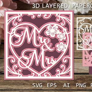 Tarjeta de boda en capas para Sr. y Sra. / Corte de papel 3D SVG / Plantilla de caja de sombras para boda