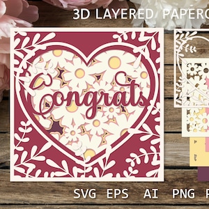 Félicitations SVG papercut en couches, carte d'anniversaire, carte de mariage, carte de félicitations 3D, modèle de papier découpé pour travaux manuels, boîte d'ombre