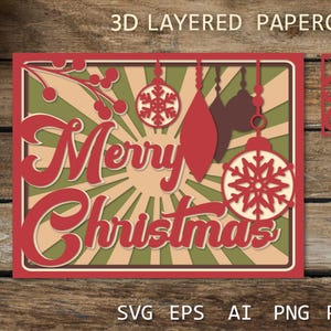 Retro Frohe Weihnachten Karte SVG, 3D Vintage Papierschnitt, Weihnachtskarte SVG, Papierschnitt 3D, Papierschnitt Schablone für Handwerk, Schattenbox