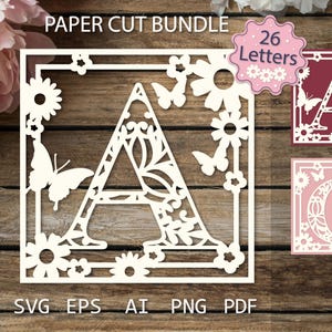 Pacote de alfabeto floral completo com corte de papel, de A a Z, cartão SVG monograma com flores e borboletas, modelo de corte de papel para artesanato