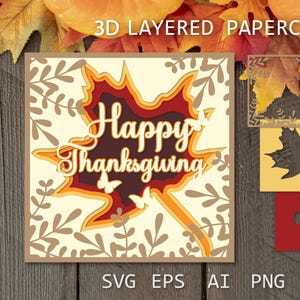 Cartão de feliz ação de graças em camadas, SVG de ação de graças, corte de papel 3D para cricut, caixa de sombra