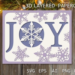 Plantilla SVG de tarjeta JOY / Tarjeta navideña con recortes de papel en capas, Joy 3D, plantilla de recortes de papel para manualidades, Shadow Box