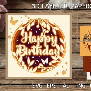 Cartão de feliz aniversário em camadas com flores e borboletas, modelo de corte de papel 3D SVG, caixa de sombra para cricut