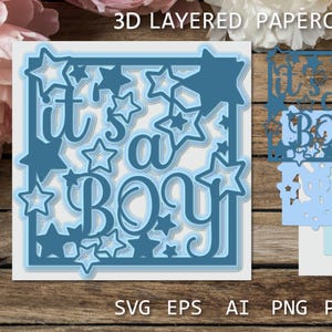 Es ist ein Junge Karte, Baby Boy SVG Papierschnitt Vorlage, New Baby Shadow Box 3D Layered