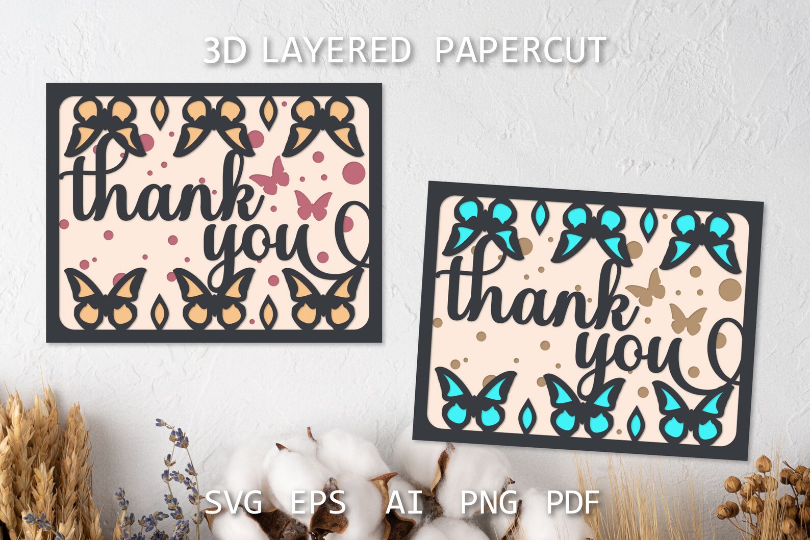 Thank You Card With Butterflies, Thank You Layered Papercut, 3d ...