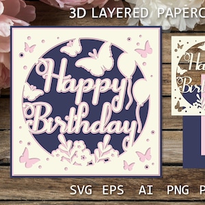 Cartão de aniversário 3D com borboletas, modelo de corte de papel em camadas, SVG de aniversário, cartão de corte de papel em camadas, modelo de corte de papel