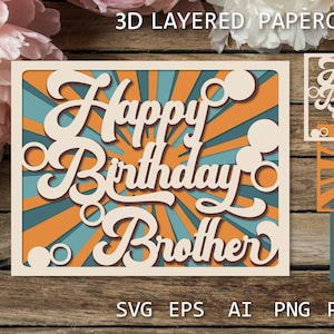 Happy Birthday Brother überlagerte Scherenschnittschablone SVG, Karte für Bruder Scherenschnitt, Schattenkasten Retro-Karte