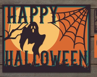 Happy Halloween SVG Layered paper cut 3D card, Shadow box, paper cutting template