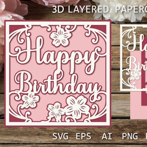 Cartão de aniversário em camadas exclusivo com flores | Arte em papel 3D | Saudação de aniversário para todas as idades, modelo SVG