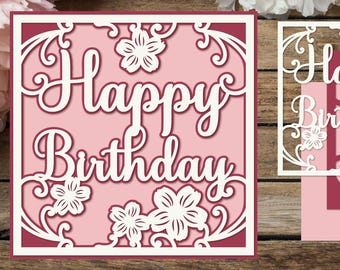 Unique Layered Birthday Card with flowers | 3D Paper Art | Birthday Greeting for All Ages, SVG template