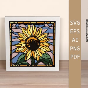 Girassol de vitral, flores de corte de papel em camadas, cartão 3D SVG, caixa de sombra, modelo de corte de papel