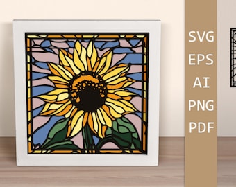 Stained Glass Sunflower, Layered papercut Flowers, 3D card SVG, Shadow Box, paper cut template