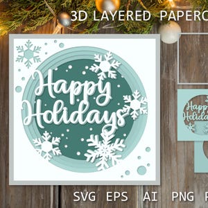 Joyeuses fêtes papier découpé en couches, papier de Noël 3D découpé SVG, carte de voeux de Noël SVG, boîte d'ombre