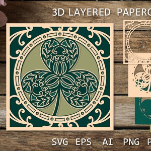 Shamrock découpé dans du papier en couches, trèfle 3D de la Saint-Patrick SVG, trèfle de boîte d'ombre, boîte d'ombre, modèle de coupe de papier.