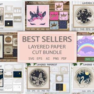 Bundle de papier découpé en couches, SVG Modèle de découpe de papier 3D Shadow box