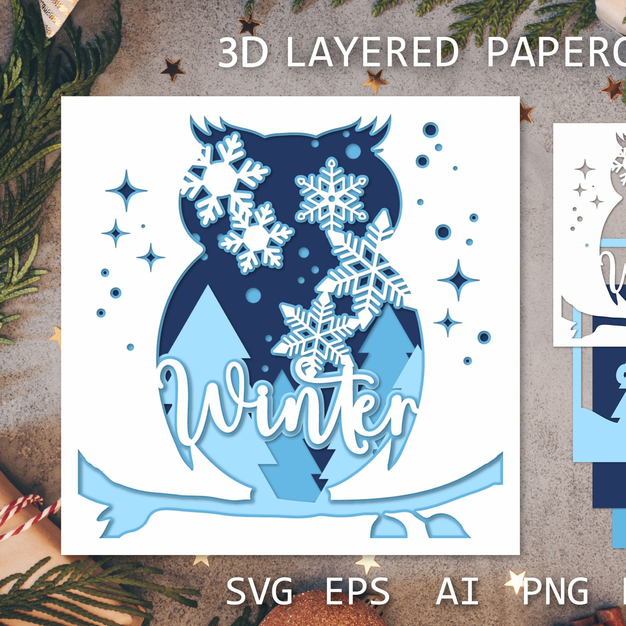 Winter Christmas Layered papercut 3D SVG, Owl Shadow Box 3D