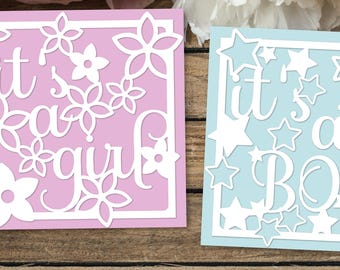 It's a girl card | It's a boy paper cut card SVG, New Baby Card Cutting Template
