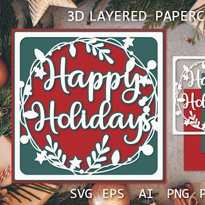 Recorte de papel en capas de Felices Fiestas, recorte de papel navideño 3D SVG, tarjeta de felicitación navideña SVG, caja de sombras