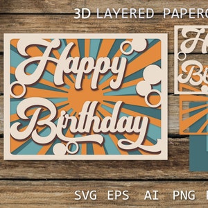 Conception de carte d'anniversaire, carte de voeux rétro en papier découpé SVG, modèle en papier découpé pour travaux manuels, boîte d'ombre
