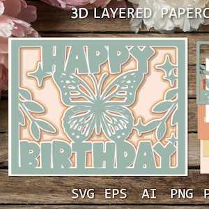 Carte d'anniversaire en couches SVG | Carte 3D découpée dans du papier | Modèle de carte d'anniversaire à faire soi-même