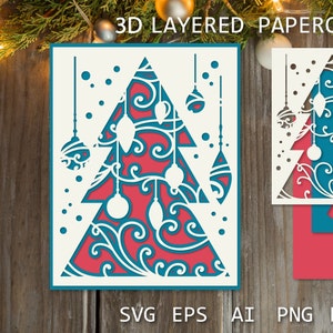 Carte de Noël superposée en papier découpé 3D | Sapin de Noël SVG, modèle de découpe de papier d'hiver de boîte d'ombre
