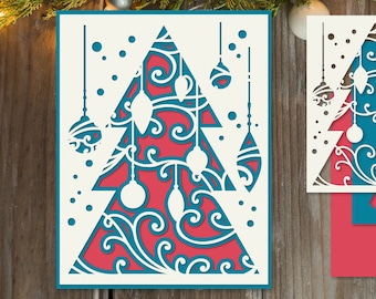 Könnte beinhalten: Eine weiße Karte mit einem roten und blauen, geschichteten Papier-Schnitt-Design eines Weihnachtsbaums mit Ornamenten. Der Text "3D LAYERED PAPERCUT" befindet sich oben auf der Karte. Der Text "SVG EPS AI PNG" befindet sich unten auf der Karte.