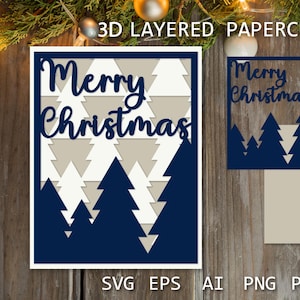 Carte de Noël en couches, carte de joyeux Noël 3D découpée en papier, modèle de découpe de papier d'hiver, boîte d'ombre SVG