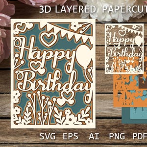 Birthday layered card with leaves SVG, Layered Birthday paper cut design, Birthday Shadow Box SVG 3D paper cutting template for cricut