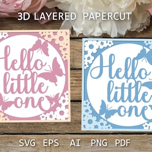 Hello little one 3D geschichtete Papierschnittkarte, Neue Babykarte, Neue Baby Schattenbox 3D
