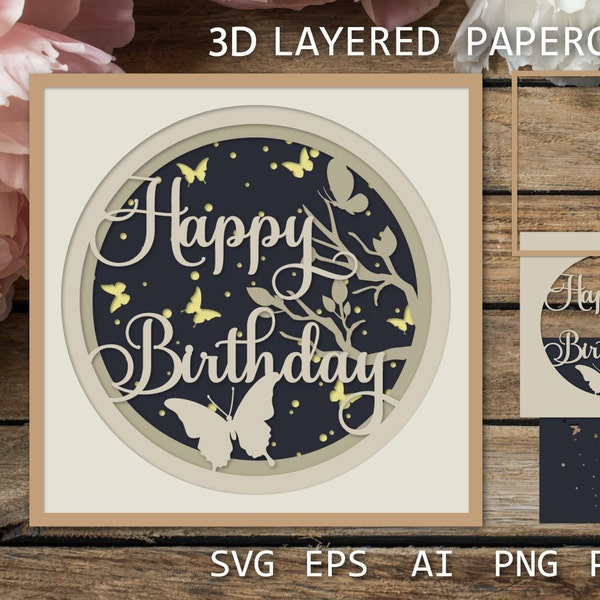 Birthday layered card, 3D Birthday shadow box SVG, Layered papercut card, Paper cutting template