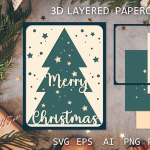 Carte d'arbre de Noël en couches SVG | Design de Cartes de vœux 3D découpées dans du papier | Carte de voeux DIY pour Cricut et Silhouette