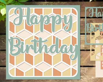 Cartão de aniversário em camadas, Cartão de felicitações de aniversário SVG com corte de papel, Modelo de cartão de aniversário com corte de papel SVG para Cricut