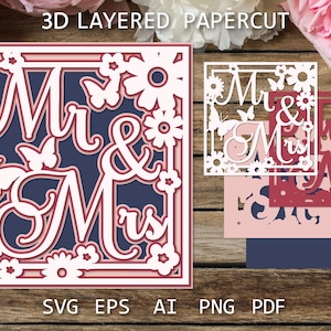 Tarjeta de boda en capas para Sr. y Sra., Tarjeta de felicitación con flores SVG, Tarjeta de boda recortada en papel.