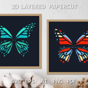 Papillons SVG, modèle de papillon 3D découpé en couches, boîte d'ombre en papier découpé, modèle de papillons découpés en papier