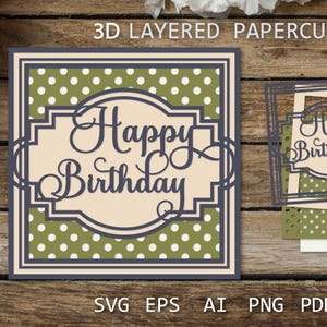 Retro Happy Birthday gelaagde kaart SVG, elegante kaart 3D, schaduwdoos SVG, gelaagde papercutkaart, papiersnijsjabloon voor cricut