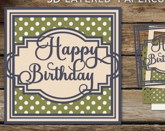 Retro Happy Birthday Layered card SVG, Elegant card 3D, Shadow box SVG, Layered papercut card, Paper cutting template for cricut