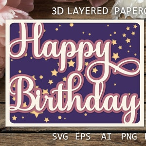 Cartão de feliz aniversário Cartão de corte de papel em camadas SVG, corte de papel 3D, modelo de corte de papel para artesanato, caixa de sombra
