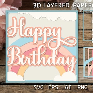 Cartão de aniversário com arco-íris, arquivo SVG de cartão de corte de papel de aniversário, modelo de corte de papel para artesanato, caixa de sombra