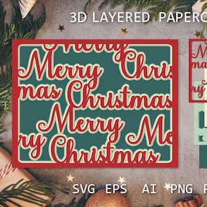Modèle SVG de carte de Noël en couches | Design de Cartes de vœux 3D découpées dans du papier | Fichier de coupe Cricut & Silhouette