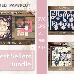 Birthday Cards, Best Sellers Layered Birthday cards Bundle, Shadow box SVG, Layered papercut card, Paper cutting template