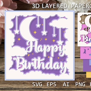 Schattige babyverjaardagskaart | Gelaagd 3D-ontwerp | Eerste verjaardag aandenken Shadow Box Night, gelaagd verjaardagsontwerp op papier