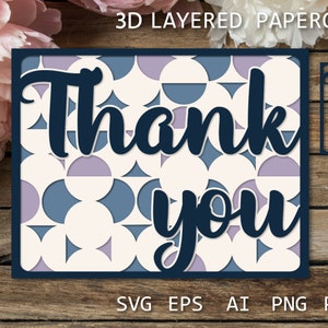 Merci carte 3D SVG Merci en couches papercut style rétro vintage, idées de cartes de remerciement et 3d papercut for cricut