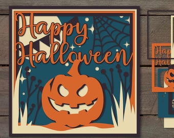 May include: A layered papercraft design with a Halloween theme. The design features an orange jack-o'-lantern, the words "Happy Halloween", a spider web, and a moon. The background is dark blue and cream. The words "SVG EPS AI PNG" are at the bottom.