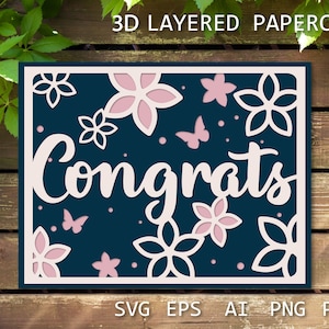 Gefeliciteerd gelaagde papercut SVG, gefeliciteerd kaart 3D, papier gesneden sjabloon voor ambachten, Shadow Box