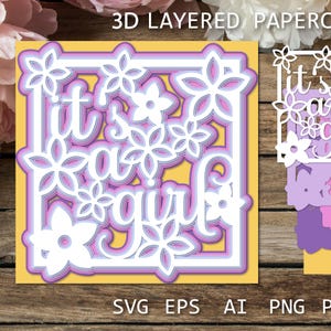 Baby Girl Karte mit bunten Blumen, Baby Girl SVG Papierschnitt, Neues Baby Schattenbox 3D Karte