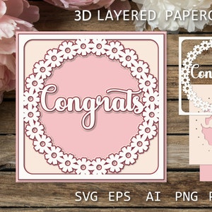 Congrats Layered papercut SVG card with flowers, Birthday card, Wedding card, Congratulations card 3D, Paper Cut template, Shadow Box